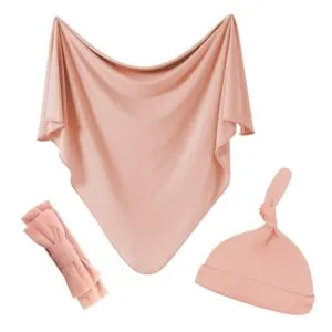 Supormama™-Cotton Baby Swaddle Blanket with Hat Headband Set for Girls in Pink