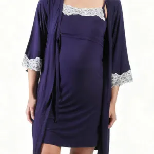 Supormama™-Lace Chemise & Robe Hospital Set for Pregnancy & Postpartum Moms Set in Navy