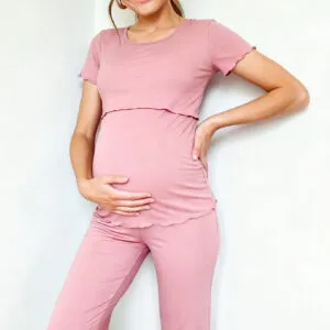 Supormama™-New Mama Hospital Lounge Set Layered Look Tops 3/4 Length Pants in Rose