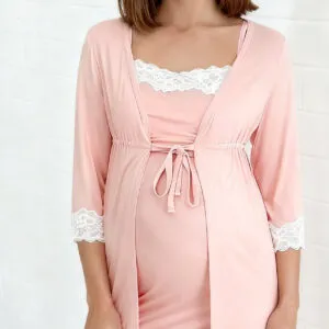 Supormama™-Lace Chemise & Robe Hospital Set for Pregnancy & Postpartum Moms Set in Pink