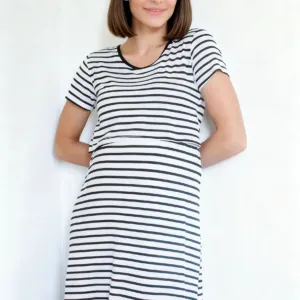 Supormama™- Soft Maternity & Postpartum Loungewear Nursing Dress in Black Stripe