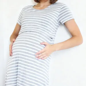 Supormama™- Soft Maternity & Postpartum Loungewear Nursing Dress in Grey Stripe