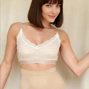 Supormama™-Lace Trim Cotton Nursing Bra in Brown Stripe