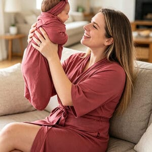 Supormama™-4-piece Mom Robe & Newborn Swaddle Matching Set in Dusty Rose