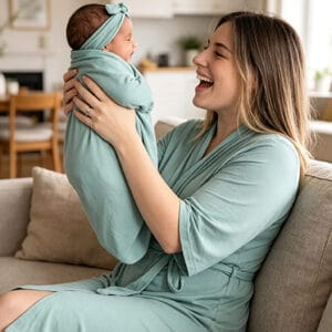 Supormama™-4-piece Mom Robe & Newborn Swaddle Matching Set in Sage