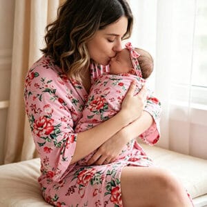 Supormama™-4-piece Mom Robe & Newborn Swaddle Matching Set in Pink Floral
