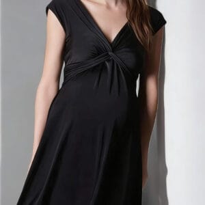 Supormama™-Bamboo Maternity Knot Front V-neckline Midi Length Dress In Black
